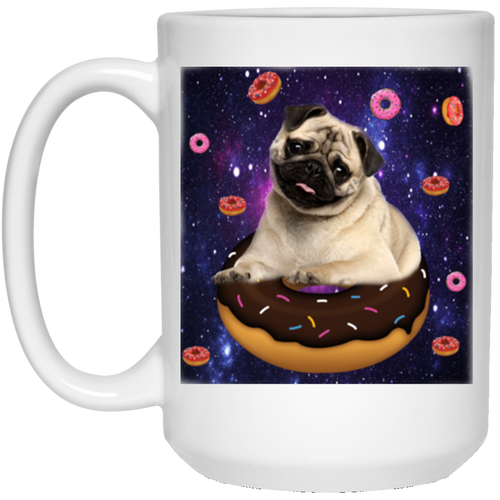 SPACE PUG RIDING DONUTS 15 oz. White Mug
