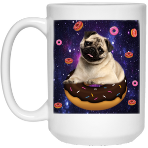 SPACE PUG RIDING DONUTS 15 oz. White Mug