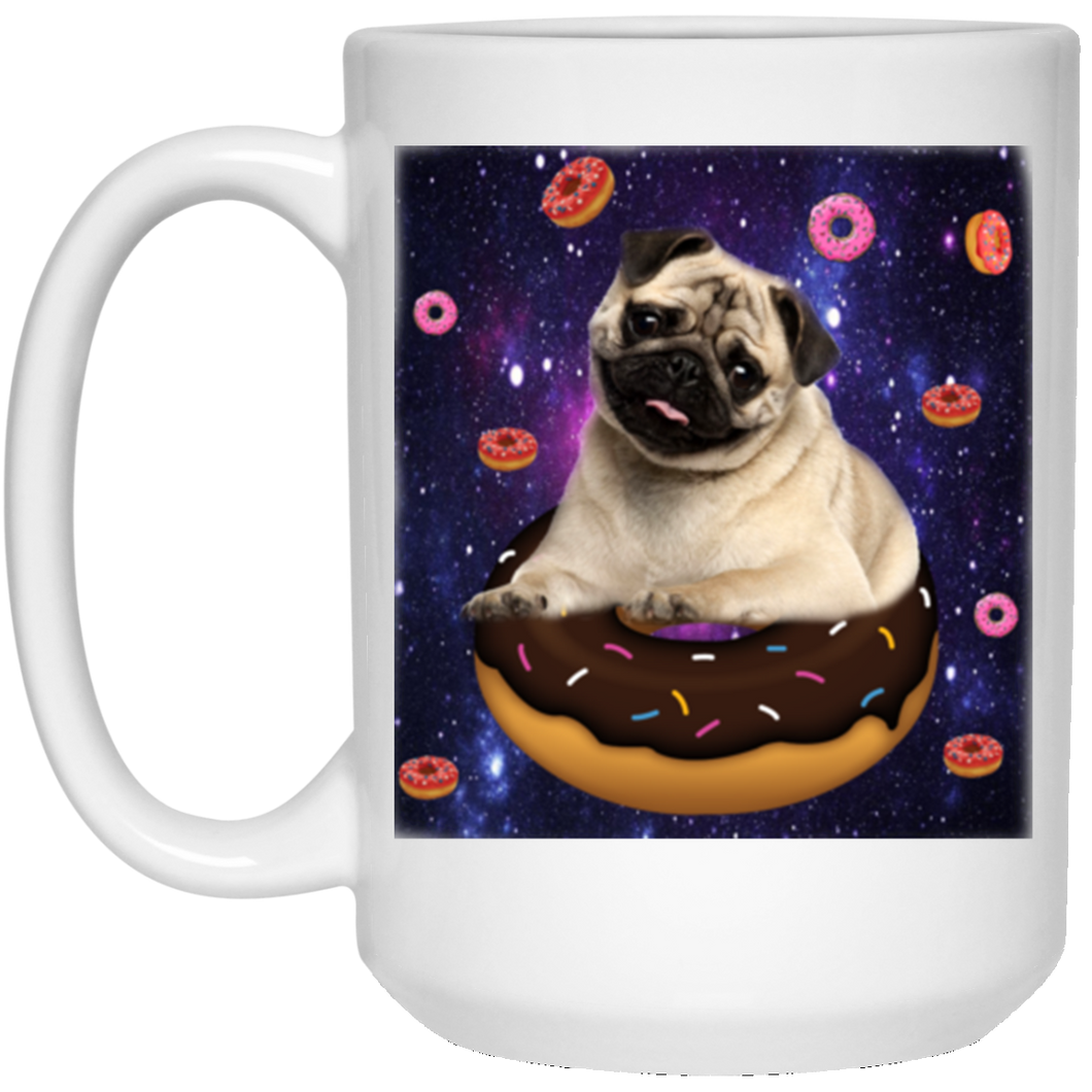 SPACE PUG RIDING DONUTS 15 oz. White Mug